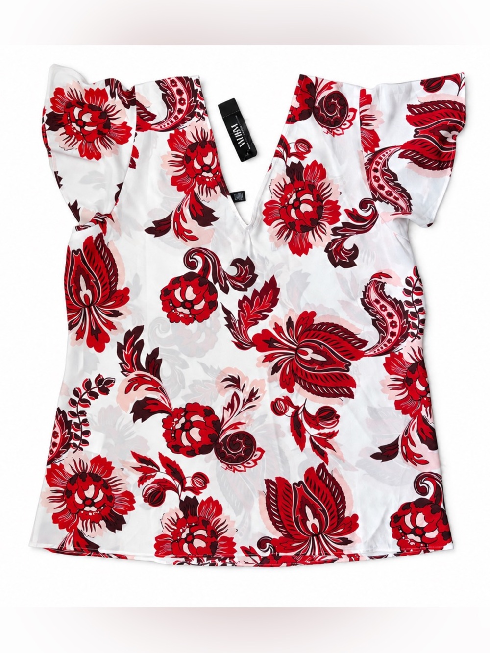 White House Black Market Red Floral Flutter Sleeve Blouse L - Picture 4 of 11